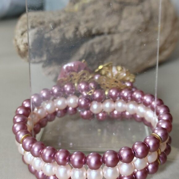 Cuff Beaded Bracelet Vintage Pink Gold Floral Beaded Rhinestones Faux Pearl - Picture 14 of 16